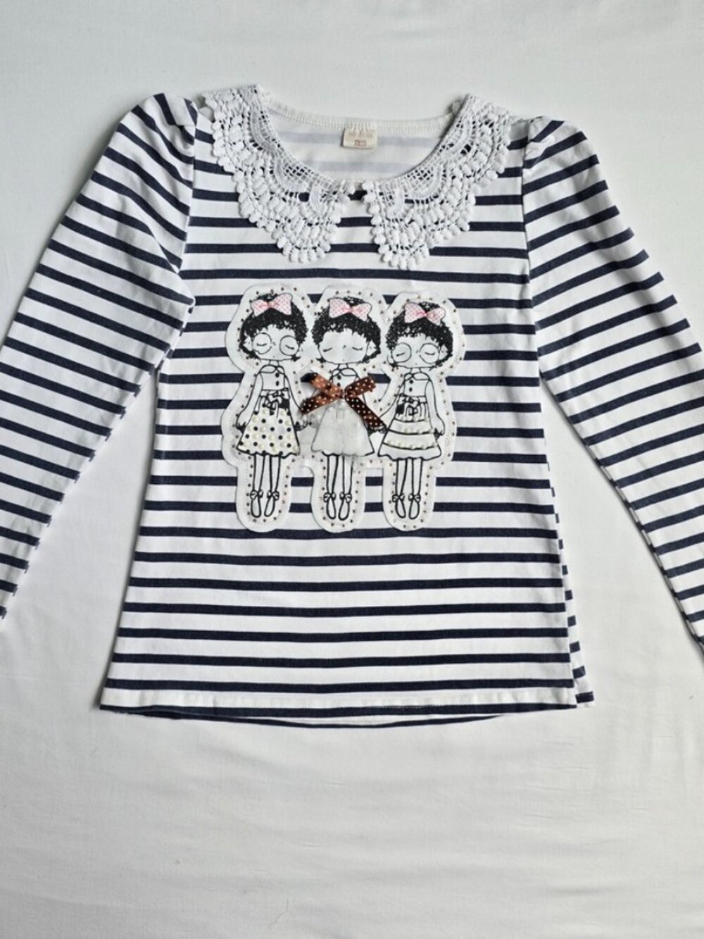 Girls Striped Top Vintage Style Sweet White Lace Peter Pan Collar Ballerina 10 - Picture 7 of 7